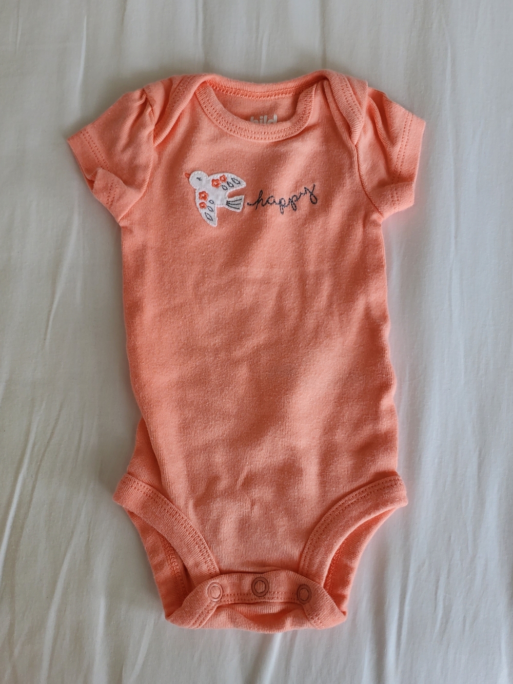 Carter's Peach Short Sleeve One-Piece with Bird 'happy' Embroidery